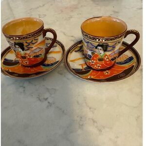 Vintage Hand painted Japanese Satsuma Geisha 2 Coffee cups and saucers.